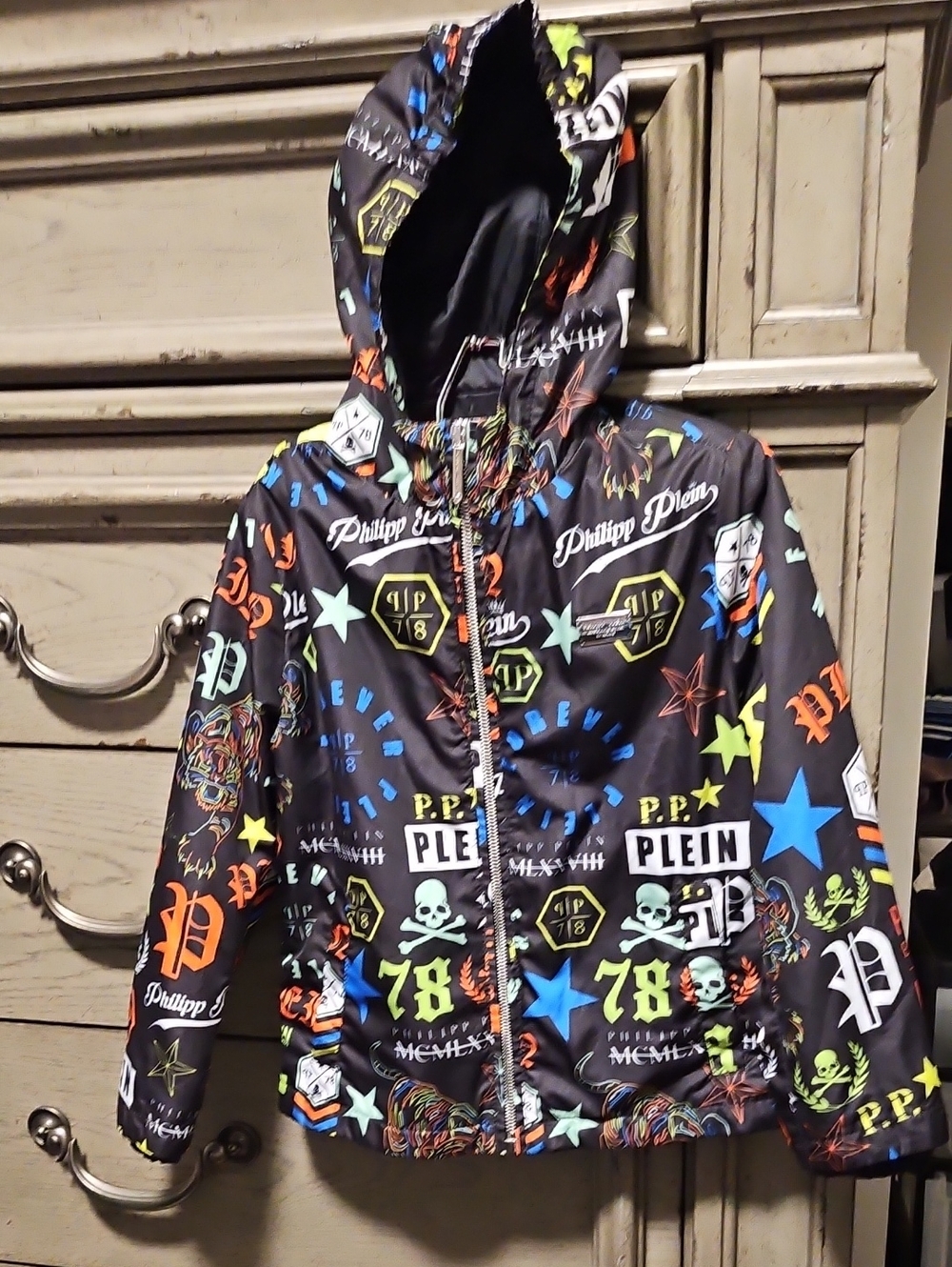 Philipp Plein Black Hooded Jacket with Neon Multicolor Graphics